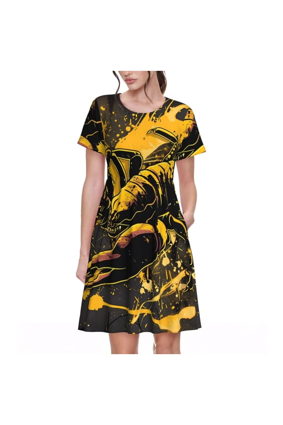 Urban Graffiti Scorpion Illustration for Womens Summer 2025 Casual Midi Maxi Dresses Lightweight Short Sleeve Round Neck Beach Dress -X-Large