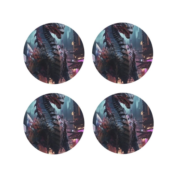 Vsdgher Urban Mechanical Dragon Leather Coasters for Drinks, Durable Drink Coasters 4 Set for Tabletop Protection, Luxurious Home Décor and Housewarming Gift ( {designName})Round Shape