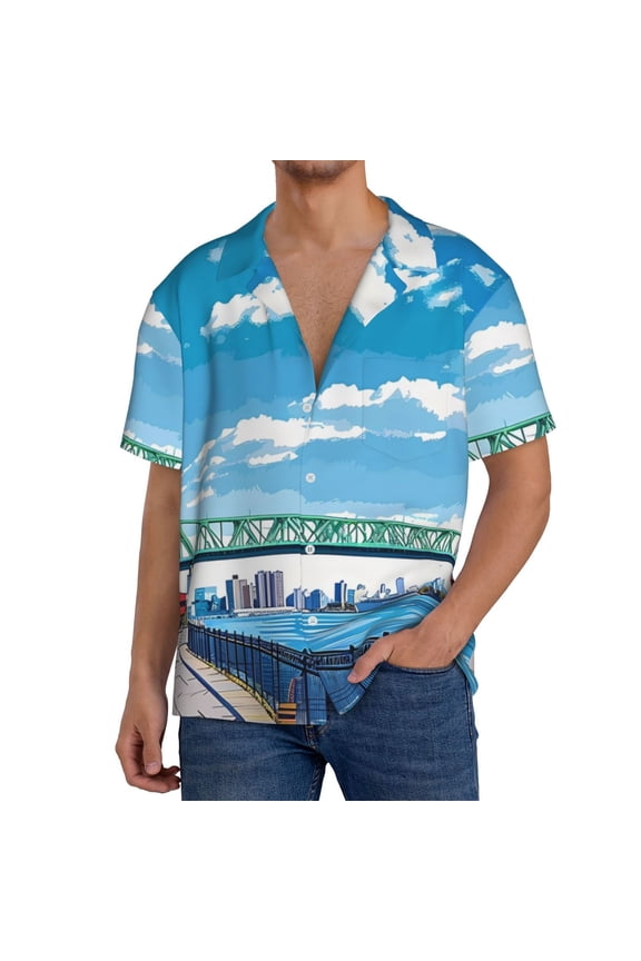 Urban Riverside Clock Tower Men's Cuban Shirt, Hawaiian Shirts, Business Casual Button Down Shirts, Short Sleeve Shirt-3X-Large