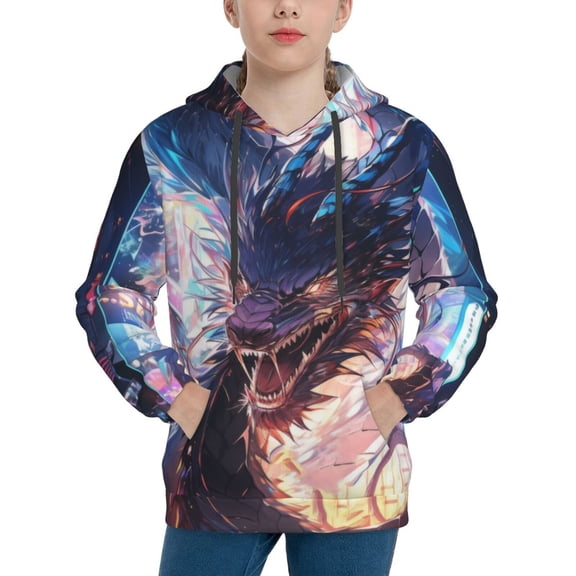 Vsdgher Urban Style Colorful Dragon Hoodie Youth Classic Hooded Pullover Sweatshirts Essentials Hoodie for Children (s-xl)-Large
