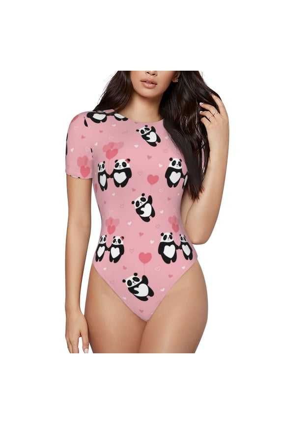 Valentine'S Day Panda Prinr Short Sleeve Body suit for Womens, Sexy Onesie One Piece Round Neck Bodysuit Shapewear Tummy Control-Medium