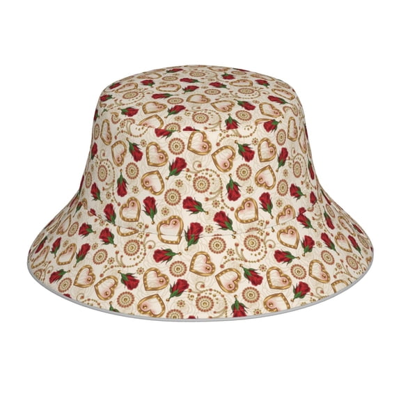 Vsdgher Valentine'S Day Rose Print Bucket Hat for Men&Women Bucket Hat Reversible Summer Double-Side-Wear Travel Gardening, Beach, Camping, Hiking, Fishing Cap