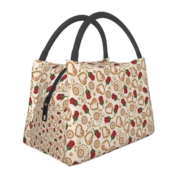 Vsdgher Valentine'S Day Rose Print Insulated Reusable Bags with Sturdy Zipper and Handles, Foldable Totes for Hot or Cold Food Bring or Delivery