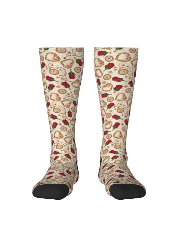 Valentine'S Day Rose Print Thigh High Socks Extra Long Stretchy Sock Women Over Knee High Opaque Stocking Daily Wear