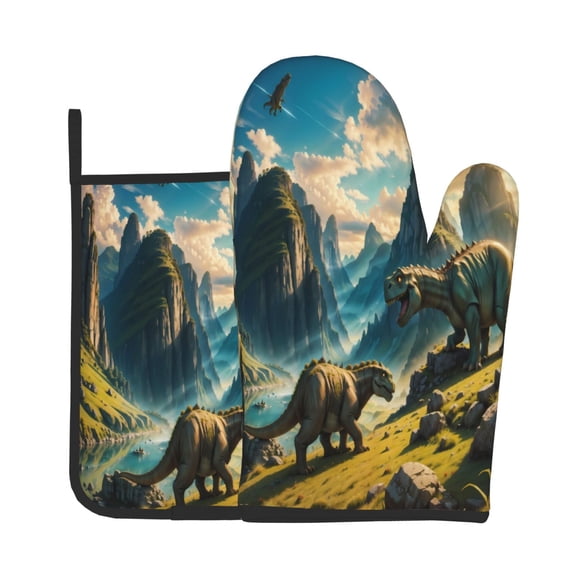 Vsdgher Valley River Dinosaur Oven Mitts and Pot Holders 2 pcs Set,High Heat Resistant Kitchen Oven Glove for Baking and Cooking