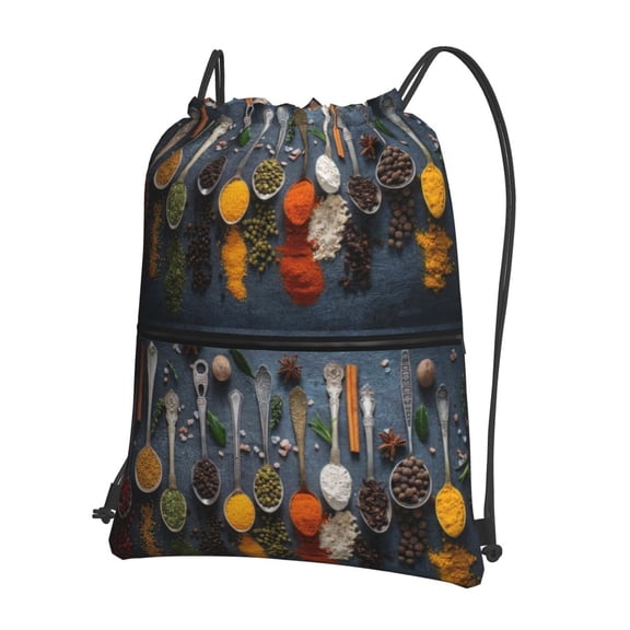 Vsdgher Various Herbs And Spices In Spoons Drawstring Backpack Water Resistant String Bag Sports Sackpack Gym Sack for Men Women