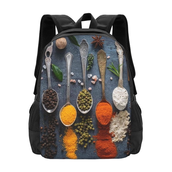 Vsdgher Various Herbs And Spices In Spoons Print Backpack for Women Men School Bookbag with Laptop Compartment for College Work Travel, Simple Fashion Casual Daypack, Fit 15" Laptop