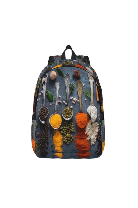 Various Herbs And Spices In Spoons Print Canvas Backpack Travel Rucksack Unisex Knapsack 15.7/17.7Inch Laptop Backpack for Work,College -Medium