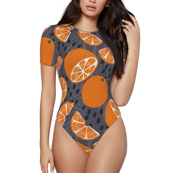 Vsdgher Various Oranges Prinr Short Sleeve Body suit for Womens, Sexy Onesie One Piece Round Neck Bodysuit Shapewear Tummy Control-X-Large