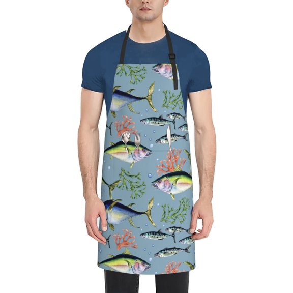 Vsdgher Various Wild Sea Fish Waterproof Apron with 2 Pockets Kitchen Chef Aprons Bibs for Grooming Cooking Baking Painting Gardening