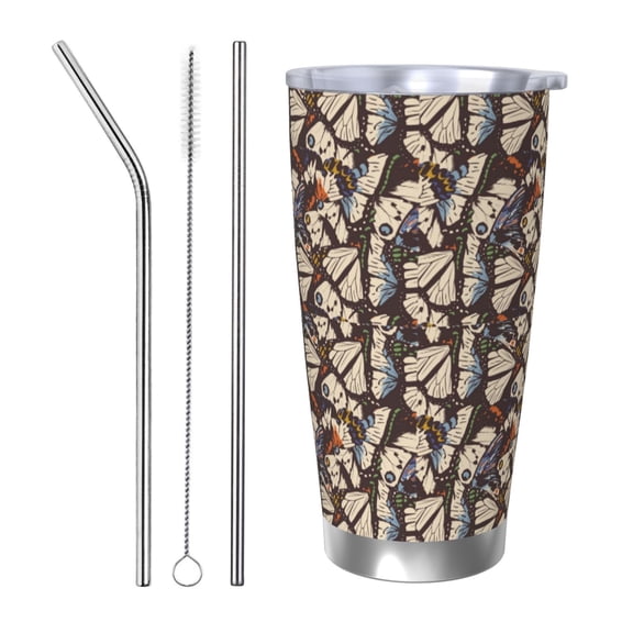 Vsdgher Vector Butterflies 20 Oz Stainless Steel Vacuum Insulated, Travel Mug Coffee Cup for Home, Office, Outdoor Works Great for Ice Drinks and Hot Beverage -Straw Three-piece Set