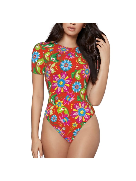 Vector Mexican Otomi Style Bright Prinr Short Sleeve Body suit for Womens, Sexy Onesie One Piece Round Neck Bodysuit Shapewear Tummy Control-Medium