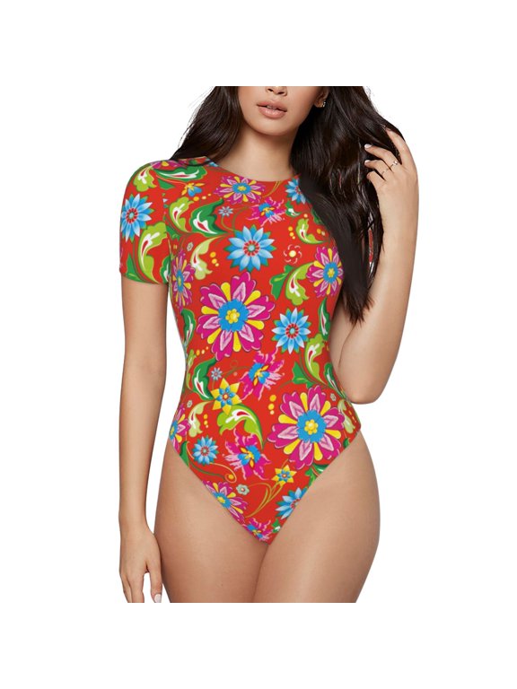Vector Mexican Otomi Style Bright Prinr Short Sleeve Body suit for Womens, Sexy Onesie One Piece Round Neck Bodysuit Shapewear Tummy Control-XX-Large