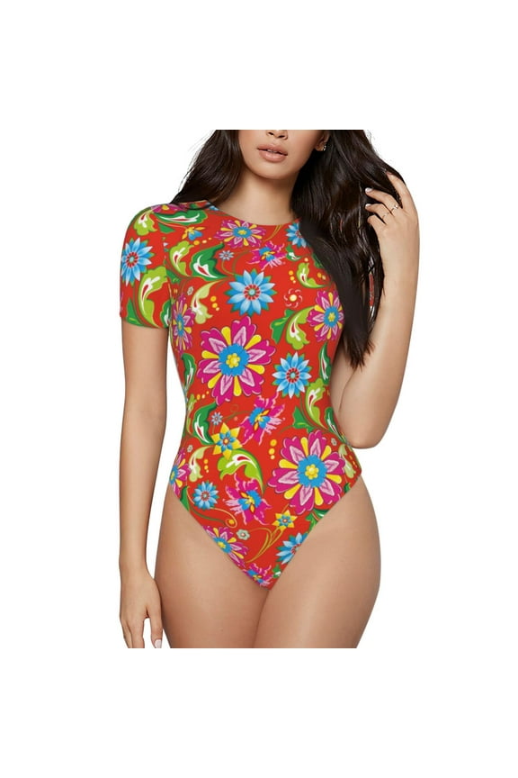 Vector Mexican Otomi Style Bright Prinr Short Sleeve Body suit for Womens, Sexy Onesie One Piece Round Neck Bodysuit Shapewear Tummy Control-XX-Large