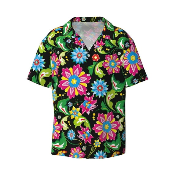 Vsdgher Vector Mexican Otomi Style Bright Print Men's Wrinkle Free Untucked Cuban Shirt Business Casual Button Down Shirts Short Sleeve Shirt