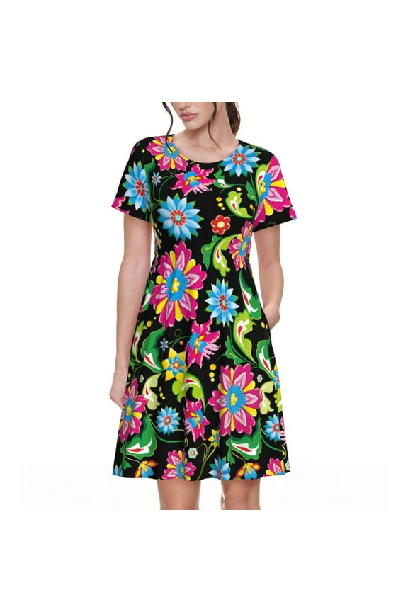 Vector Mexican Otomi Style Bright for Womens Summer 2025 Casual Midi Maxi Dresses Lightweight Short Sleeve Round Neck Beach Dress -XX-Large