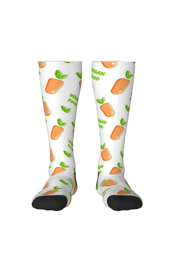 Vegan Fruit Carrot Print Thigh High Socks Extra Long Stretchy Sock Women Over Knee High Opaque Stocking Daily Wear