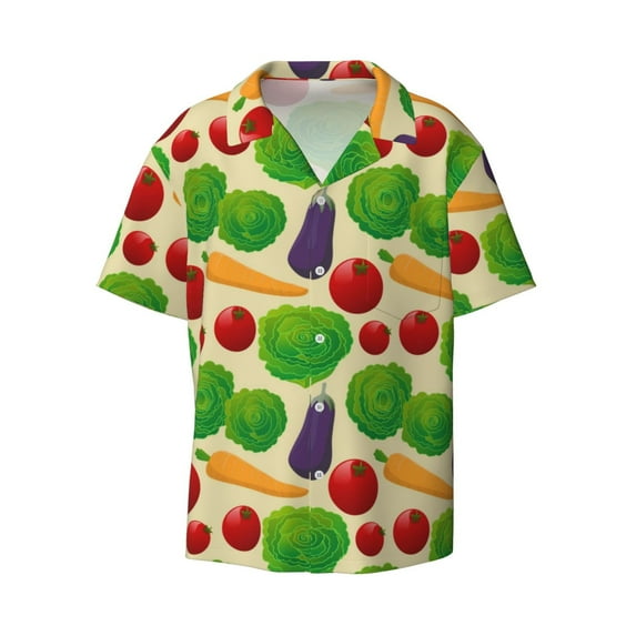 Vsdgher Vegetable Print Men's Wrinkle Free Untucked Cuban Shirt Business Casual Button Down Shirts Short Sleeve Shirt