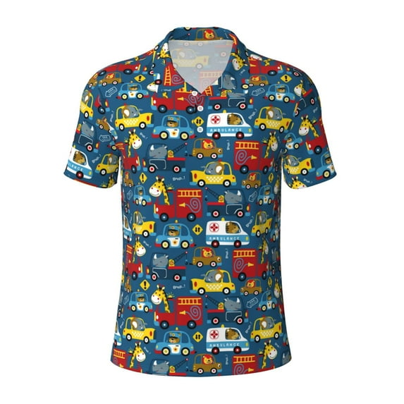 Vsdgher Vehicles Cartoon with Funny Drivers,Animal Drivers Print Men's Short Sleeve Stretch Polo Shirt, Moisture-Wicking Performance Polo Shirt