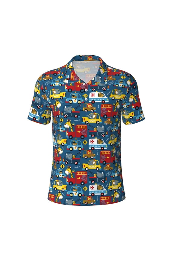 Vehicles Cartoon with Funny Drivers,Animal Drivers Print Men's Short Sleeve Stretch Polo Shirt, Moisture-Wicking Performance Polo Shirt
