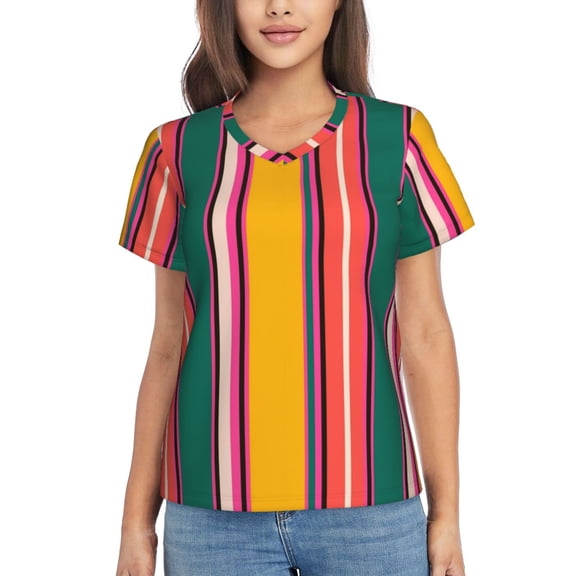 Vsdgher Vertical Stripes Women Shirts V Neck Short Sleeve Tops T-Shirt Basic Tees, S to 3XLSmall