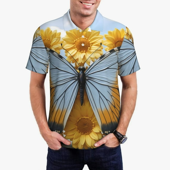 Vsdgher Vibrant Butterfly And Sunflowers Polo Shirts for Men, Men's Short Sleeve Stretch Polo Shirt, Shirts for Men-3X-Large