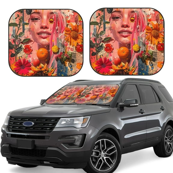 Vsdgher Vibrant Floral Collage Portrait Print Car Windshield Sun Shade, Reflective Sunshade Window Sunshade Sun Visor Protector Fit for Cars,Trucks,SUVs-Medium