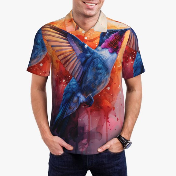 Vsdgher Vibrant Hummingbird Watercolor Art Polo Shirts for Men, Men's Short Sleeve Stretch Polo Shirt, Shirts for Men-Small