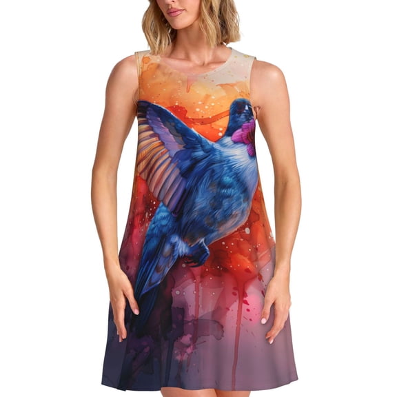 Vsdgher Vibrant Hummingbird Watercolor Art Print Summer Dresses for Women Casual U Neck Beach Dress Sleeveless Tank Loose Sundress with Pocket -Small