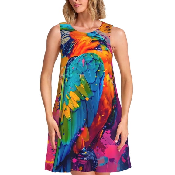 Vsdgher Vibrant Parrot Splash Art Print Summer Dresses for Women Casual U Neck Beach Dress Sleeveless Tank Loose Sundress with Pocket -Medium