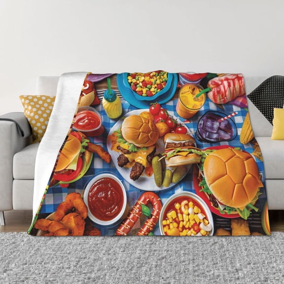 Vsdgher Vibrant Picnic Food Spread Pattern Fleece Throw Blanket, Horizontal Fleece Bedding Home Decor for Couch & Bed All Season Use -80"x60"
