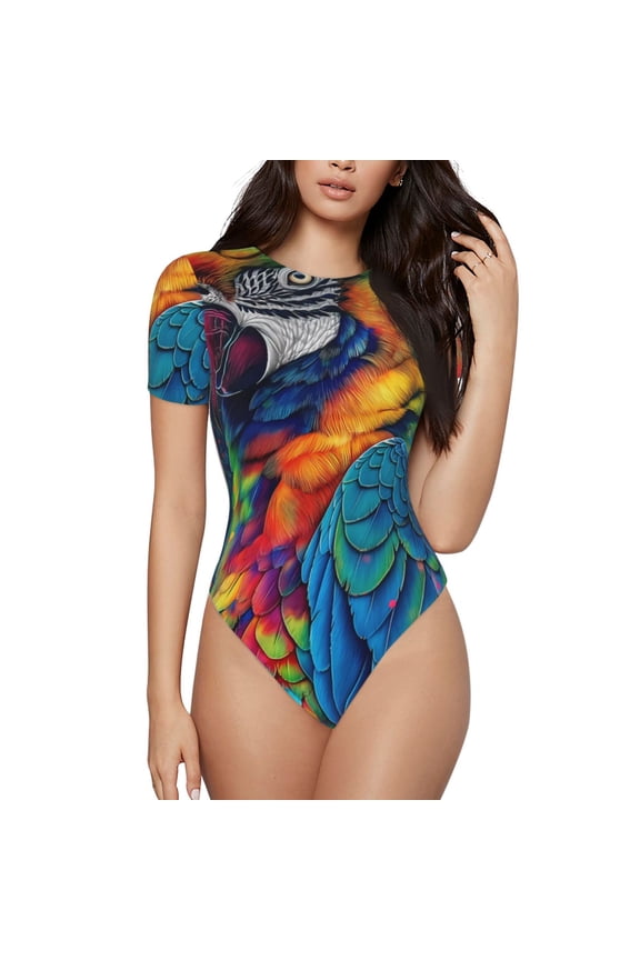Vibrant Rainbow Parrot Fantasy Prinr Short Sleeve Body suit for Womens, Sexy Onesie One Piece Round Neck Bodysuit Shapewear Tummy Control-Medium