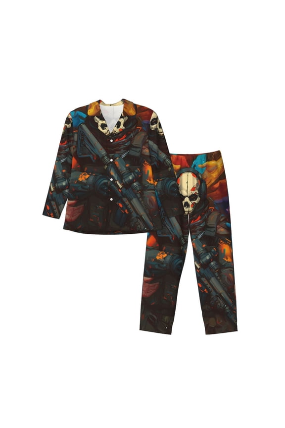 Vibrant Skull Soldier Mens Pajama Set, Soft Warm Long Sleeve Sleepwear, Cozy Button-Down Pjs for Men-XX-Large