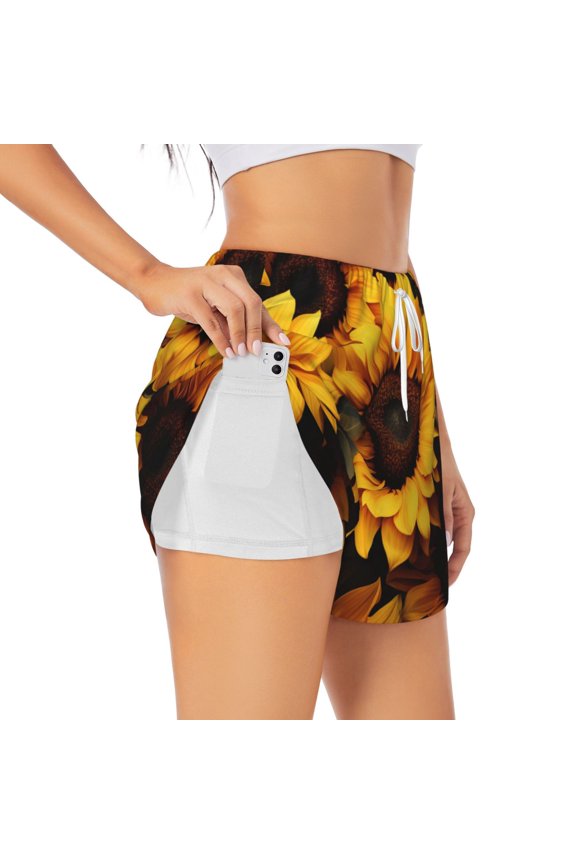Vibrant Sunflower Blooms Athletic Shorts for Women, Women's Running Double Layer Shorts, High Waisted Yoga Shorts, Workout Athletic Shorts-Small