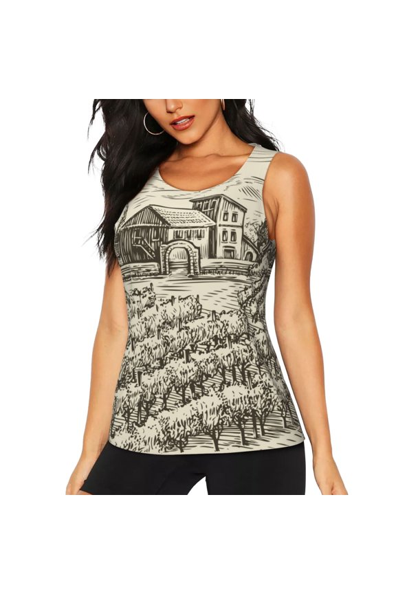 Vineyard Landscape Print Tank Top Sports Vest Bra for Women Sports ,Performance Stretchy Quick Dry Sports Workout Running Top Vest with Removable Pads