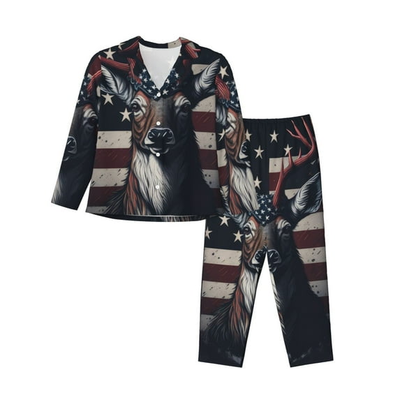 Vsdgher Vintage American Deer Pajamas Set Long Sleeve Sleepwear Womens Button Down Nightwear Pj Sets-Small
