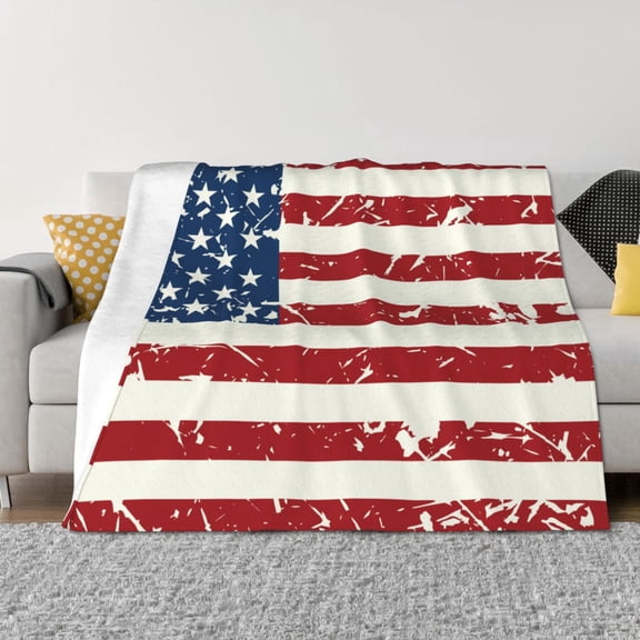 Vsdgher Vintage American Flag Pattern Fleece Throw Blanket, Horizontal Fleece Bedding Home Decor for Couch & Bed All Season Use -80"x60"