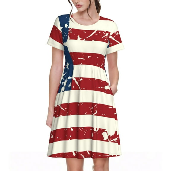 Vsdgher Vintage American Flag for Womens Summer 2025 Casual Midi Maxi Dresses Lightweight Short Sleeve Round Neck Beach Dress -3X-Large