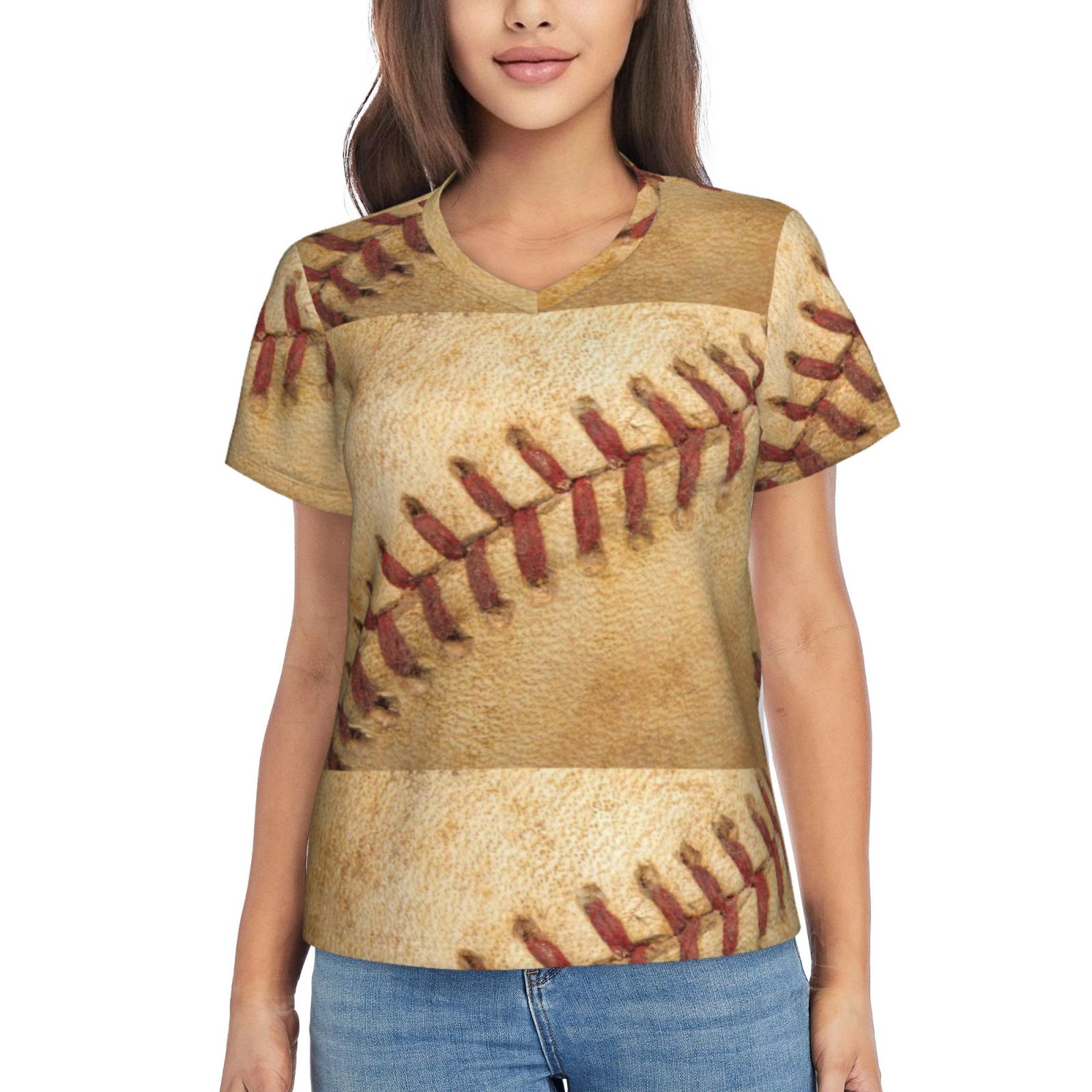 Vsdgher Vintage Baseball Women Shirts V Neck Short Sleeve Tops T-Shirt Basic Tees, S to 3XL