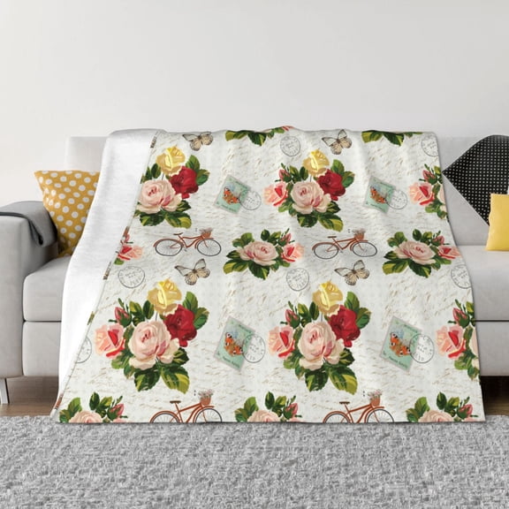 Vsdgher Vintage Bike Flower Butterfly Pattern Fleece Throw Blanket, Horizontal Fleece Bedding Home Decor for Couch & Bed All Season Use -80"x60"