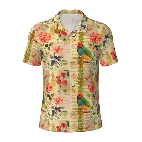 Vsdgher Vintage Bird Print Men's Short Sleeve Stretch Polo Shirt, Moisture-Wicking Performance Polo Shirt