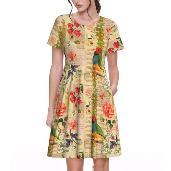 Vsdgher Vintage Bird for Womens Summer 2025 Casual Midi Maxi Dresses Lightweight Short Sleeve Round Neck Beach Dress -Medium