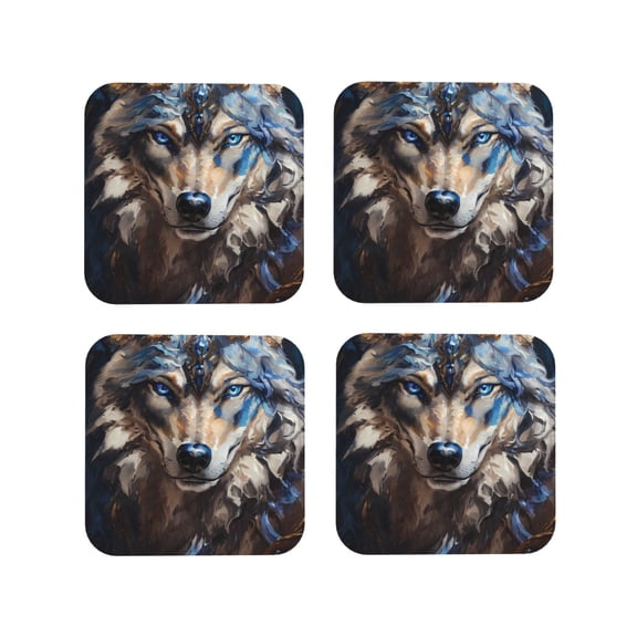 Vsdgher Vintage Blue Floral Wolf Leather Coasters for Drinks, Durable Drink Coasters 4 Set for Tabletop Protection, Luxurious Home Décor and Housewarming Gift ( {designName})Square