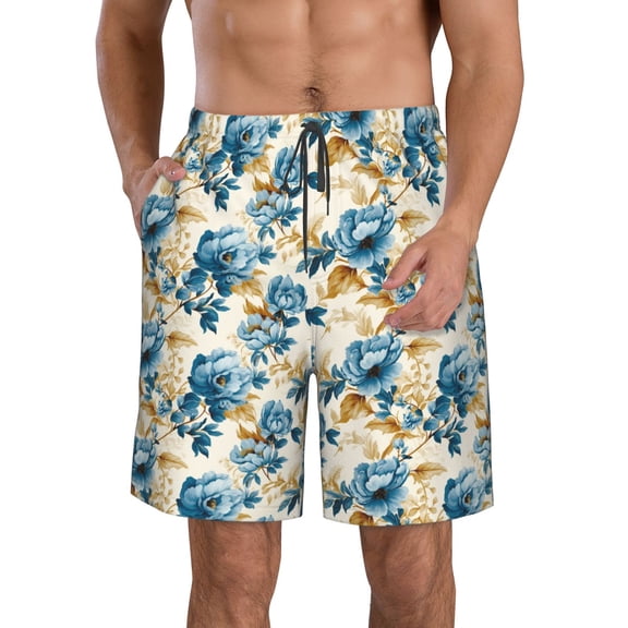 Vsdgher Vintage Blue Flowers Men's Beach Shorts, Surfing shorts, Swim trunks, Quick Dry Swim Trunks for Surfing Beach Fun -Small