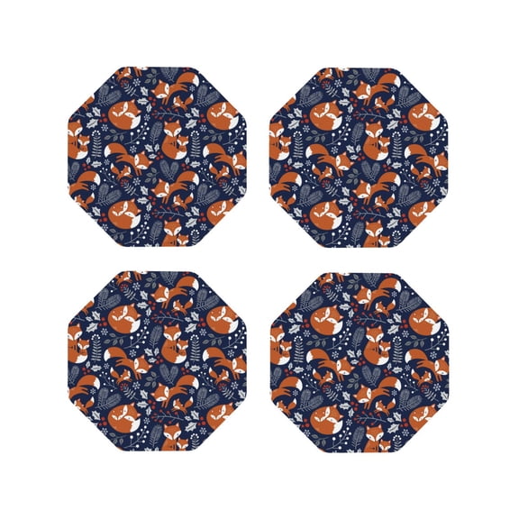 Vsdgher Vintage Blue Fox Family Leather Coasters for Drinks, Durable Drink Coasters 4 Set for Tabletop Protection, Luxurious Home Décor and Housewarming Gift-Octagon