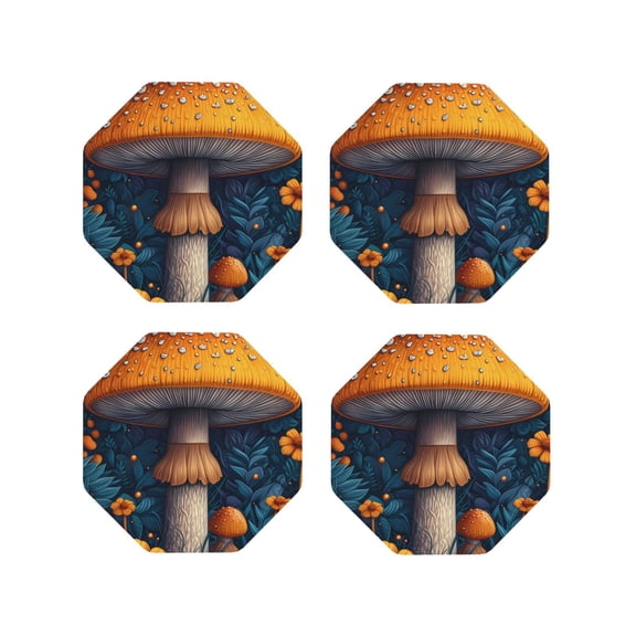 Vsdgher Vintage Blue Leaf Mushroom Leather Coasters for Drinks, Durable Drink Coasters 4 Set for Tabletop Protection, Luxurious Home Décor and Housewarming Gift ( {designName})Octagon