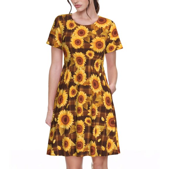 Vsdgher Vintage Brown Plaid Sunflower for Womens Summer 2025 Casual Midi Maxi Dresses Lightweight Short Sleeve Round Neck Beach Dress -Large