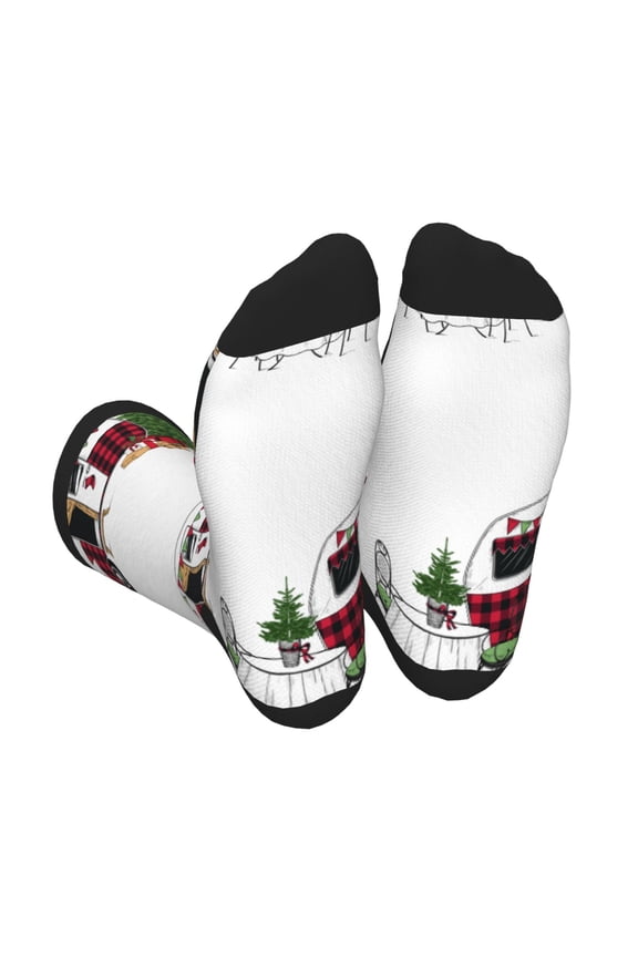 Vintage Buffalo Plaid Christmas Camper Unisex Crew Socks Lightweight Breathable Ventilation Ankle Socks, Mid-calf socks for Daily