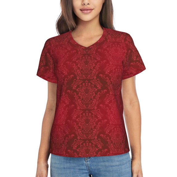 Vsdgher Vintage Burgundy Women Shirts V Neck Short Sleeve Tops T-Shirt Basic Tees, S to 3XLX-Large