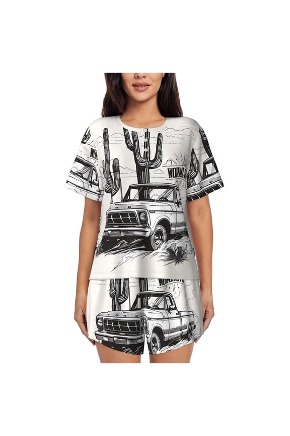 Vintage Cactus Pickup Pattern Womens Pajamas 2 Piece Short Sleeve Sleepwear Set,Summer Soft Pajamas Set Casual Lounge Sets, 2-Piece Pj -X-Large